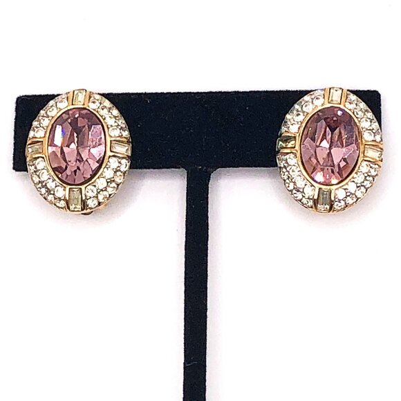 Givenchy Signed Vintage Gold Tone Clear and Pink Crystal Clip On Earrings - Picture 1 of 14